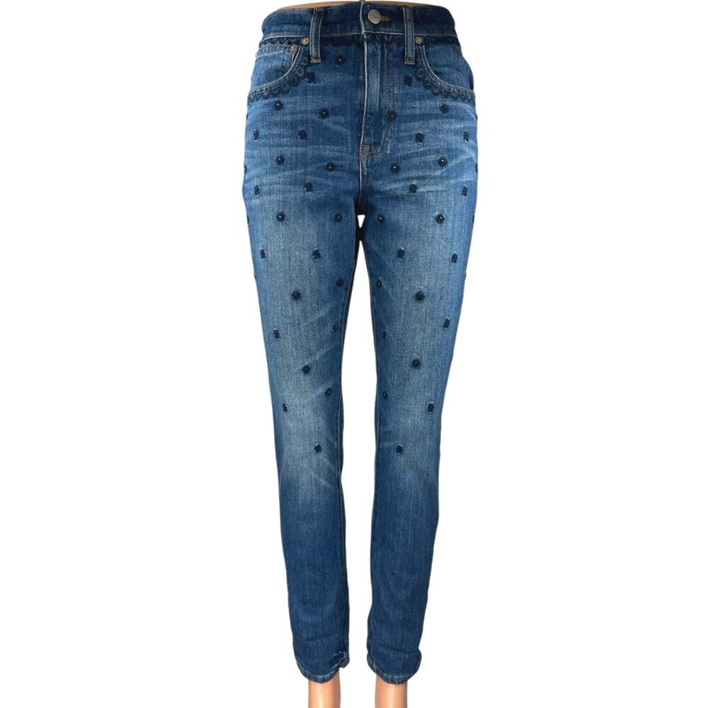 Madewell Blue Beaded Embroidered High Rise Slim Boyjean Skinny Denim Jeans Sz 24